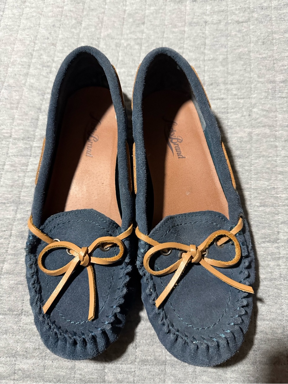 Lucky Brand Navy Suede Moccasins with Tan Bow